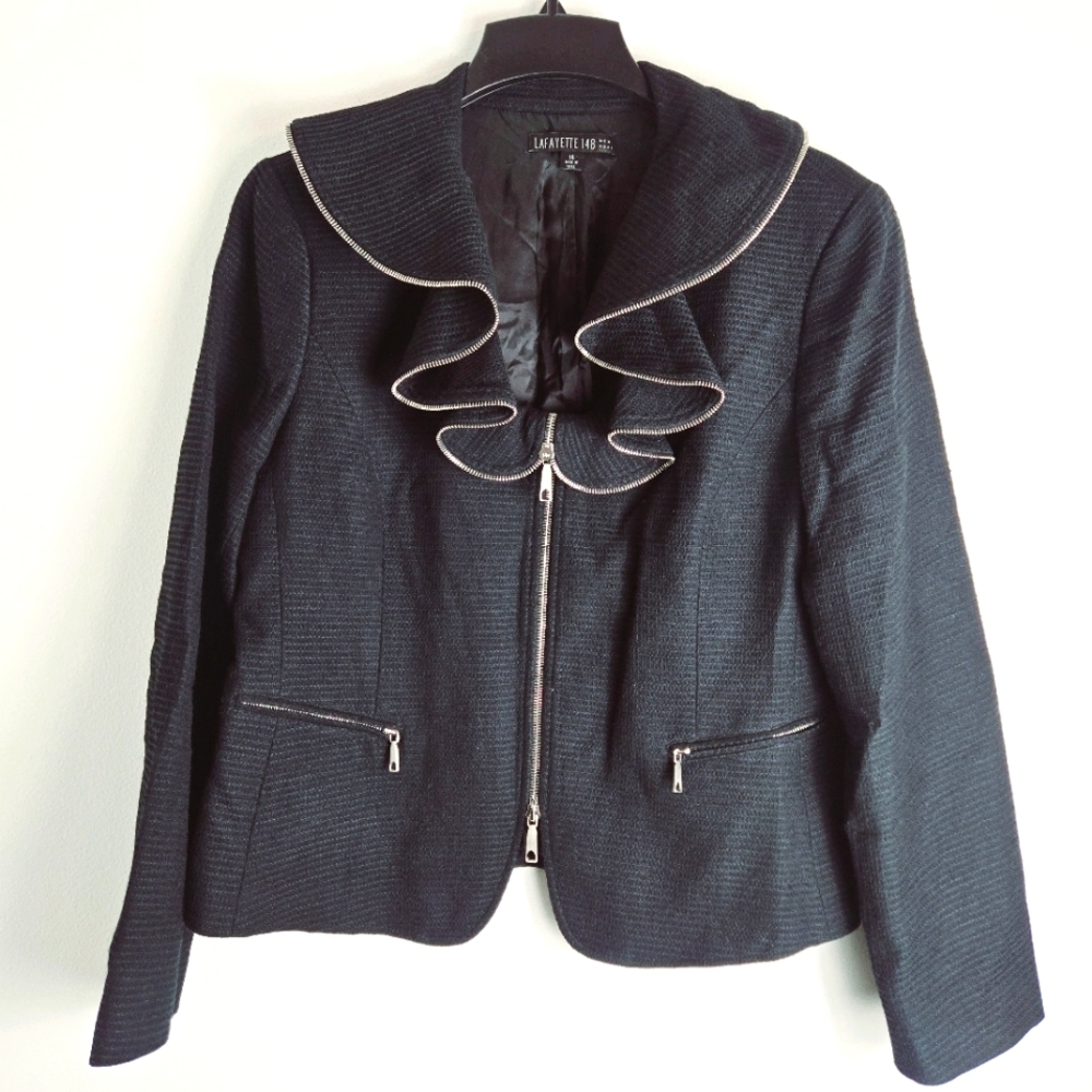 Lafayette 148 New York Zipper Detail Ruffle Wool Jacket Blazer